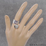 Bague large argentée réglable à perle de quartz tourmaline en acier chirurgical et pierre naturelle