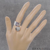 Bague large argentée réglable à perle de quartz tourmaline en acier chirurgical et pierre naturelle