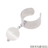 Bague large argentée ajustable à perle de sélénite 10mm en pierre naturelle et acier inoxydable