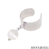 Bague large argentée ajustable à perle de sélénite 8mm en pierre naturelle