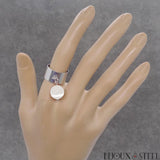 Bague large argentée réglable à perle de sélénite en acier chirurgical et pierre naturelle