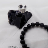 Bague large argentée et bracelet en obsidienne noire pierre naturelle et acier inoxydable