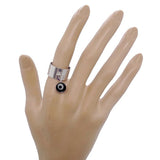 Bague large argentée réglable à perle mauvais oeil noir et blanc en acier inoxydable