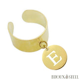 Bague large dorée ajustable à médaille ronde initiale personnalisée en acier inoxydable