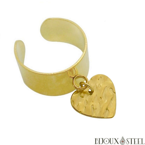 Bague large dorée ajustable à pendentif coeur martelé en acier inoxydable