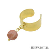 Bague large dorée ajustable à pendentif perle de pierre du soleil 8mm