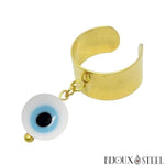 Bague large dorée à pendentif perle mauvais oeil blanc 10mm en acier inoxydable