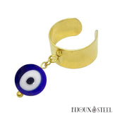 Bague large dorée ajustable à pendentif perle mauvais oeil bleu 10mm