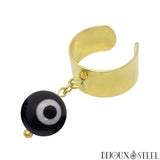 Bague large dorée ajustable perle mauvais oeil noir et blanc 10mm en acier inoxydable