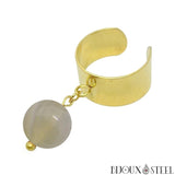 Bague large dorée ajustable à pendentif perle d'agate grise 10mm en acier inoxydable et pierre naturelle
