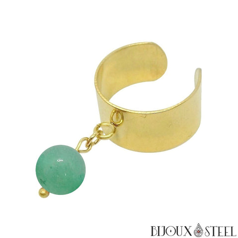 Bague large dorée ajustable à pendentif perle d'aventurine verte 8mm