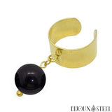 Bague large dorée ajustable à perle d'obsidienne noire 10mm en pierre naturelle et acier inoxydable