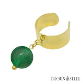 Bague large dorée ajustable à pendentif perle de jade de Malaisie 10mm en acier inoxydable et pierre naturelle