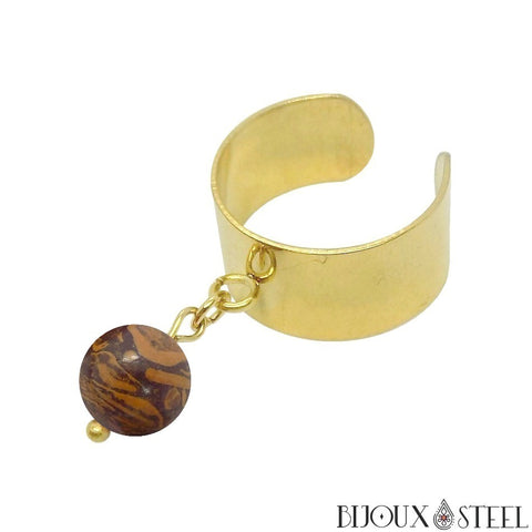 Bague large dorée ajustable à pendentif perle de jaspe éléphant 8mm