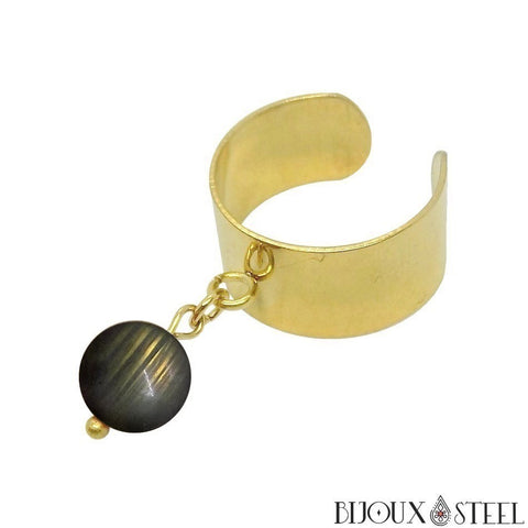 Bague large dorée ajustable à perle de labradorite 8mm en pierre naturelle