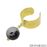 Bague large dorée ajustable à perle de quartz tourmaline 10mm en pierre naturelle et acier inoxydable