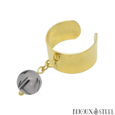 Bague large dorée ajustable à perle de quartz tourmaline 8mm en pierre naturelle