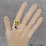 Bague large dorée réglable à perle de quartz tourmaline en acier chirurgical et pierre naturelle