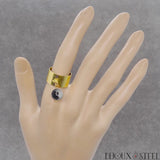 Bague large dorée réglable à perle de quartz tourmaline en acier chirurgical et pierre naturelle