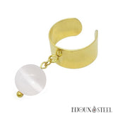 Bague large dorée ajustable à perle de sélénite 10mm en pierre naturelle et acier inoxydable