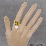 Bague large dorée réglable à perle de sélénite en acier chirurgical et pierre naturelle