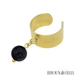 Bague large dorée ajustable à perle de tourmaline noire 8mm en pierre naturelle et acier inoxydable