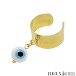 Bague large dorée ajustable perle mauvais oeil blanc 8mm