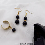 Bague large et boucles d'oreilles dorées en pierre naturelle d'obsidienne noire et acier inoxydable