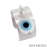 Bague large pampille argentée ajustable à perle blanche mauvais oeil en acier chirurgical