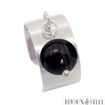 Bague large pampille argentée ajustable à perle d'agate noire à rayures en acier inoxydable et pierre naturelle