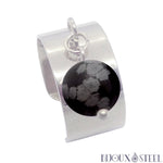 Bague large pampille argentée ajustable à perle d'obsidienne neige