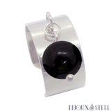 Bague large pampille argentée réglable à perle d'obsidienne noire en acier inoxydable et pierre naturelle