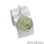 Bague large pampille argentée ajustable à perle de prehnite acier inoxydable et pierre naturelle