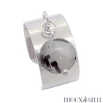 Bague pampille 10mm argentée ajustable à perle de quartz tourmaline noire
