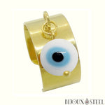 Bague large pampille dorée ajustable à perle blanche mauvais oeil en acier chirurgical