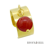 Bague large pampille dorée ajustable à perle d'agate rouge en acier inoxydable et pierre naturelle