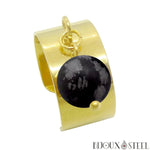 Bague large pampille dorée ajustable à perle d'obsidienne neige