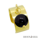 Bague large pampille dorée réglable à perle d'obsidienne noire en acier inoxydable et pierre naturelle