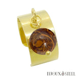 Bague large pampille dorée à perle de jaspe éléphant en pierre naturelle et acier