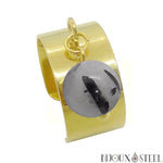 Bague pampille 10mm dorée ajustable à perle de quartz tourmaline noire
