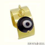 Bague large pampille dorée réglable à perle ronde mauvais oeil noire et blanche