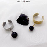 Bagues larges ajustables à pendentifs perles en obsidienne noire pierre naturelle et acier