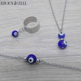 Bijoux argentés bague ajustable avec bracelet et collier en perles mauvais oeil bleu en verre