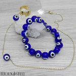 Parure bracelet en perles mauvais oeil bleu 8mm avec bijoux dorés à perles mauvais oeil bleu