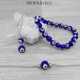 Bijoux bracelet en perles mauvais oeil bleu 8mm avec collier et bracelet argentés à perles mauvais oeil bleu