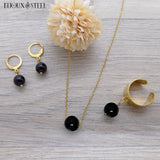 Bijoux dorés boucles d'oreilles anneaux créoles avec collier et bague en perles d'onyx noir et acier inoxydable