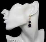 Boucles d'oreilles pendantes dorées deux perles d'agate noire à rayures acier inoxydable