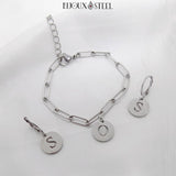 Boucles d'oreilles anneaux et bracelet trombone à médaille lettre personnalisable argentés 