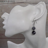 Boucles d'oreilles pendantes argentées deux perles en obsidienne étoilée