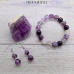 Boucles d'oreilles argentées et bracelet en fluorite violette